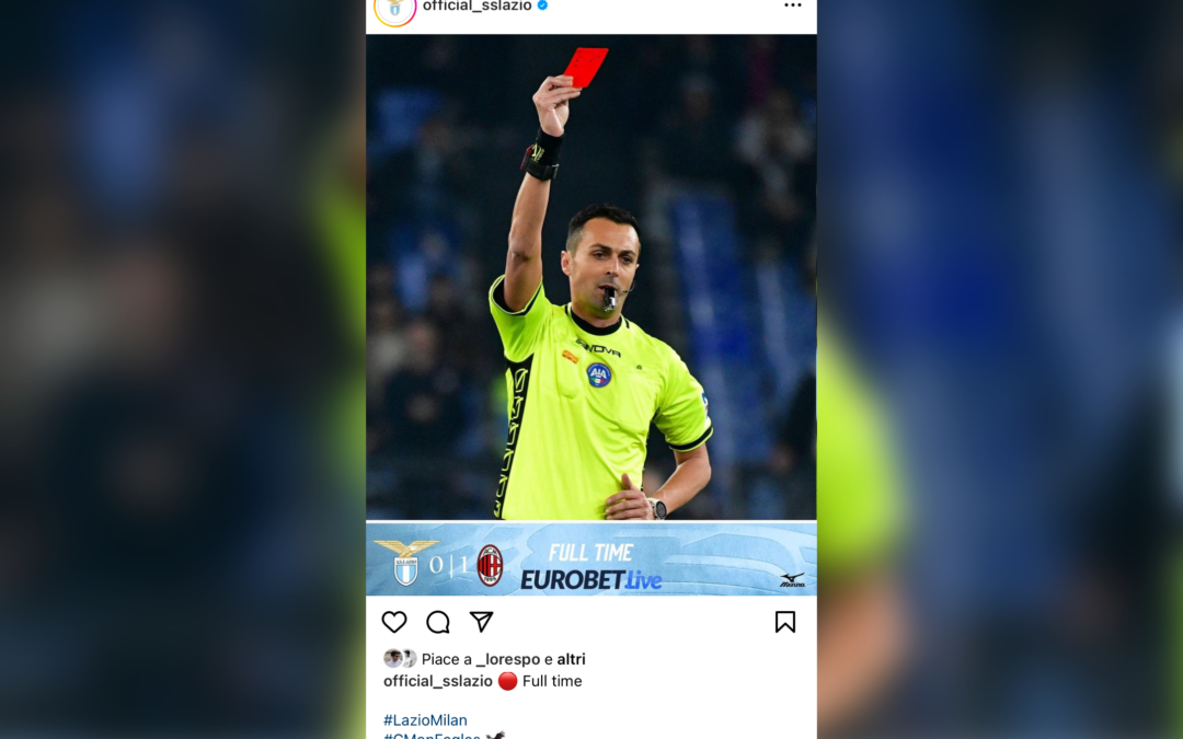Lazio-Milan, il social media mananger biancoceleste annuncia la fine gara con la foto di Di Bello con il rosso in mano