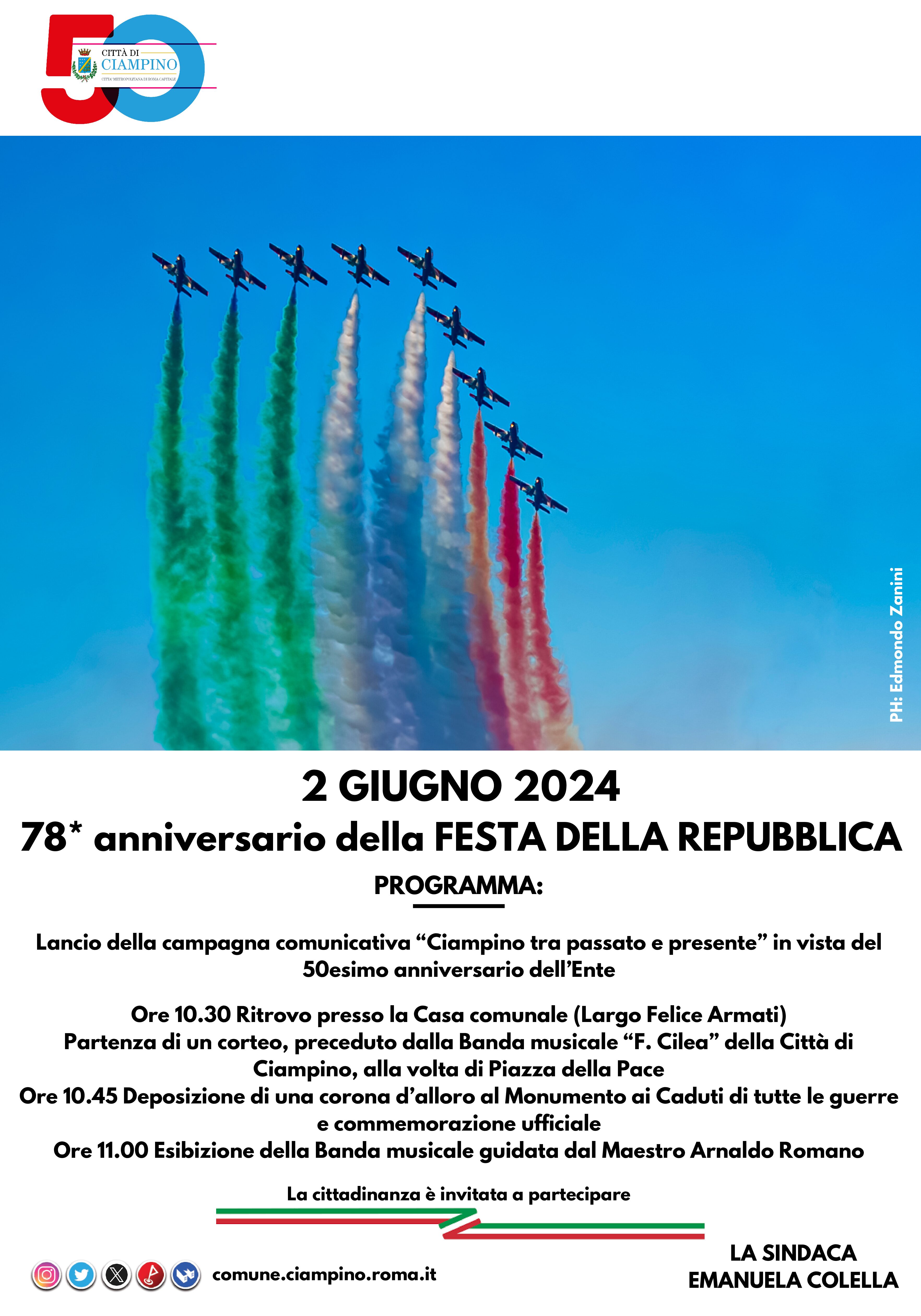 Il Comune di Ciampino celebra il 78esimo anniversario della Festa della Repubblica