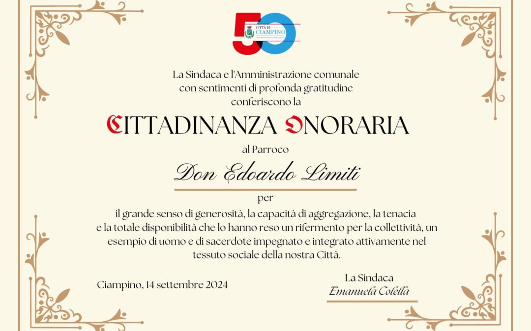 Ciampino, il Consiglio comunale conferirà la cittadinanza onoraria al parroco Don Edoardo