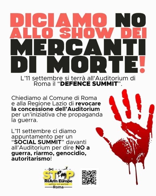 Stop Rearm Europe: “Comune e Regione revochino sede Auditorium al ‘Defence Summit’